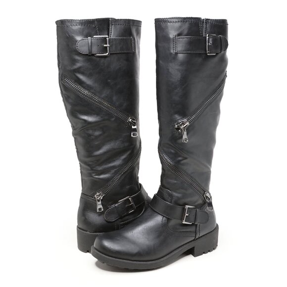 Mossimo Supply Co. Black Vegan Faux Leather Moto Biker Boots  Knee High Zippers - Picture 3 of 15